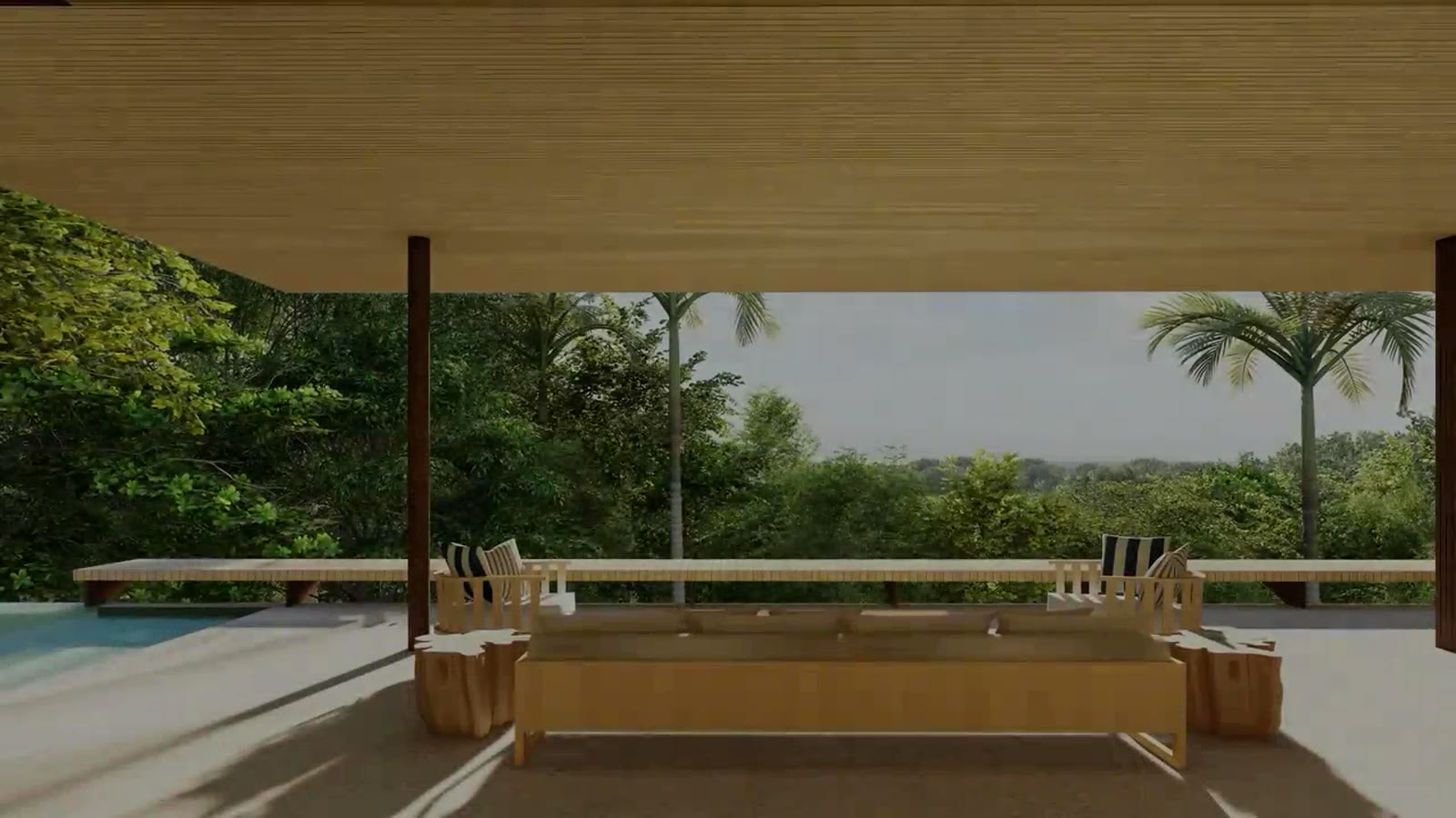 Varanda coberta e piscina com vista para a mata